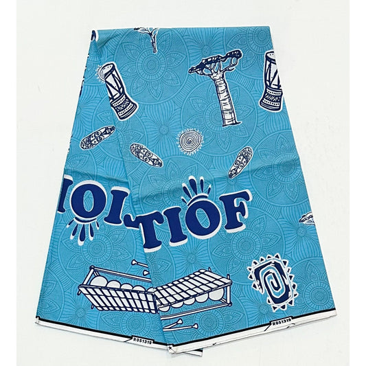 African Print Fabric/ Ankara - Blue, White ‘Tiof Drums of Africa' Design, YARD