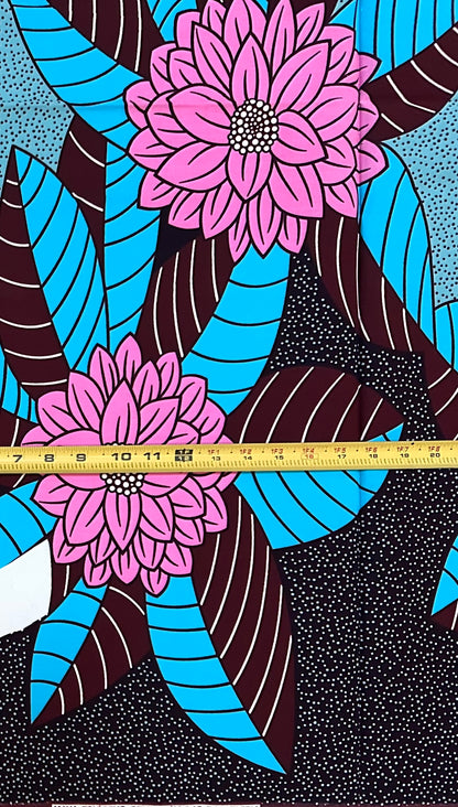 African Print Fabric/ Ankara - Pink, Blue "Tea At Falomo" Design, 1 Yard **Slightly Flawed**