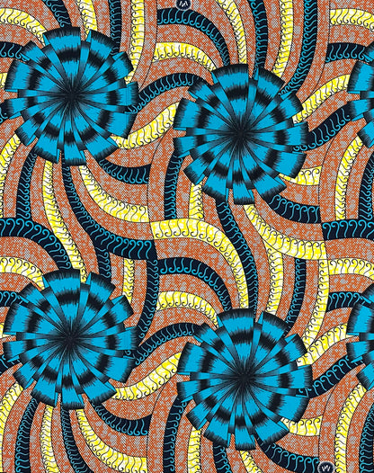 African Print Fabric/ Ankara - Blue, Orange, Yellow "Center Stage" Design, Yard