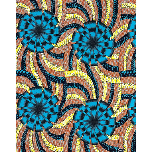 African Print Fabric/ Ankara - Blue, Orange, Yellow "Center Stage" Design, Yard