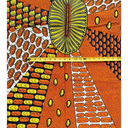 African Print Fabric/ Ankara - Orange, Navy, Yellow 'Blessed Womb', YARD or WHOLESALE