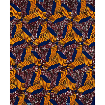 African Print Fabric/ Ankara - Orange, Blue, Brown ‘Current of Command' Design, 1 YARD