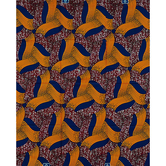 African Print Fabric/ Ankara - Orange, Blue, Brown ‘Current of Command' Design, 1 YARD