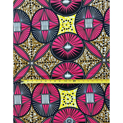 African Print Fabric/ Ankara - Pink, Yellow, Brown ‘Ilé Compass' Design, 1 YARD