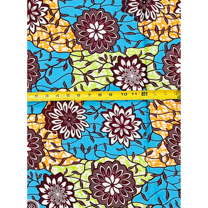 African Print Fabric/ Ankara - Blue, Green, Orange, Brown ‘Mbali Bloom' Design, 1 YARD