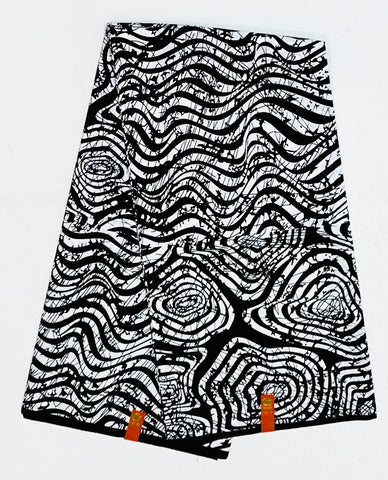 African Print Fabric/ Ankara - Black, White 'Nkanya Flow' Design, YARD or WHOLESALE