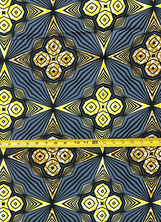 African Print Fabric/ Ankara - Gray, Yellow, Brown 'Adinkra Stars' Design