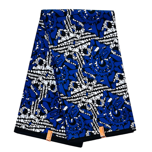 African Print Fabric/ Ankara - Blue, Black, White 'Electric Indigo', Per Yard or Wholesale