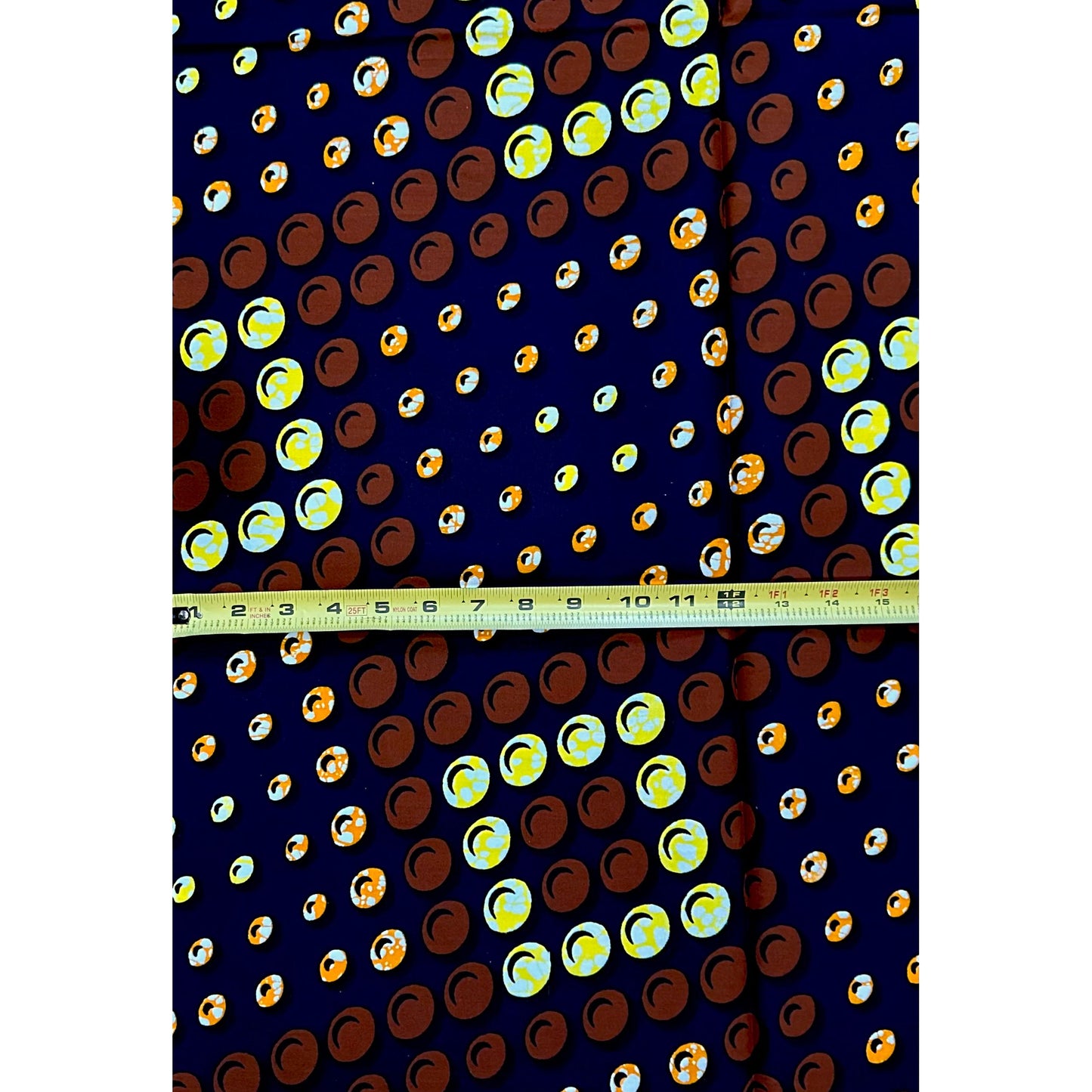 African Print Fabric/ Ankara - Brown, Yellow, Orange, Navy ‘River Beads', ~1 YARD