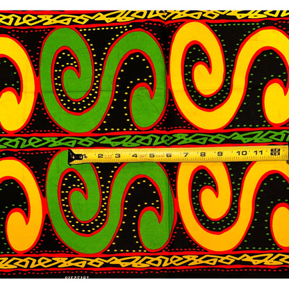 African Print Fabric/ Ankara - Green, Yellow, Red, Black 'Groove Line' Design, 1 Yard