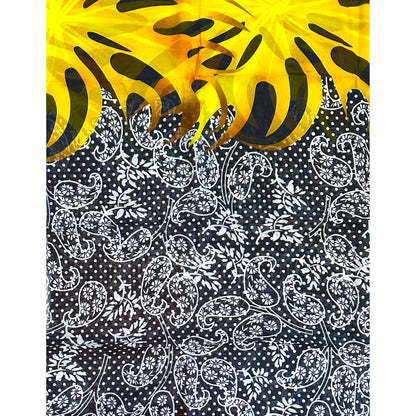 African Print, Chiffon Fabric- Black, White, Yellow, Gold "Swirl of Ibukun", ~ 2 Yards