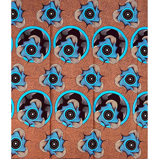 African Print Fabric/ Ankara - Brown, Blue “Eye of Oshun', 1.3 YARDS