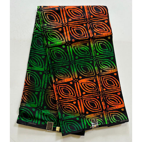 African Print Fabric/ Ankara - Green, Orange, Black 'Serengeti at Noon', YARD or WHOLESALE