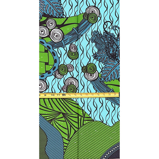 African Print Fabric/ Ankara - Blue,  Green, Brown 'Joyful World', YARD or WHOLESALE