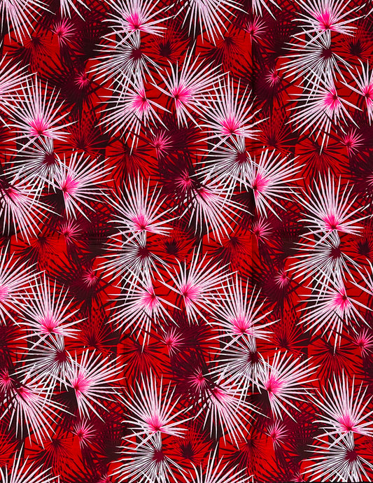 African Print Fabric/ Ankara - Red, White, Pink 'Moto Palm' Design, YARD or WHOLESALE