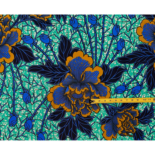 African Print Fabric/ Ankara - Green, Blue, Brown 'Big Bloom Energy,’ 1 YARD