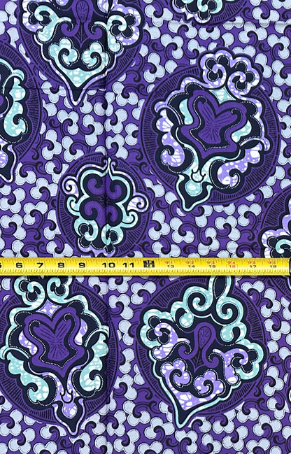 African Print Fabric/Ankara - Purple, Gray, Green “Heirloom Sultana" Design, 1 Yard