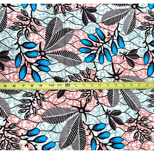African Print Fabric/ Ankara - Pink, Shades of Blue, Brown ‘Saturday Wedding' Design, 1 YARD