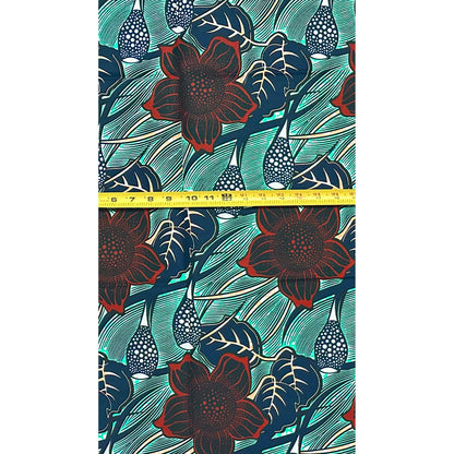 African Print Fabric/ Ankara - Green, Brown, Navy 'Harbor Garden', 1 YARD