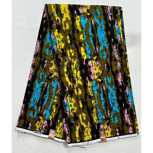 African Print Fabric/ Ankara - Olive Green, Pink, Blue, Yellow, Black 'Boss Babe Camo' Design, YARD or WHOLESALE