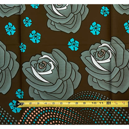 African Print Fabric/ Ankara - Brown, Gray, Teal, Pink "Zuwa Roses", 1 Yard