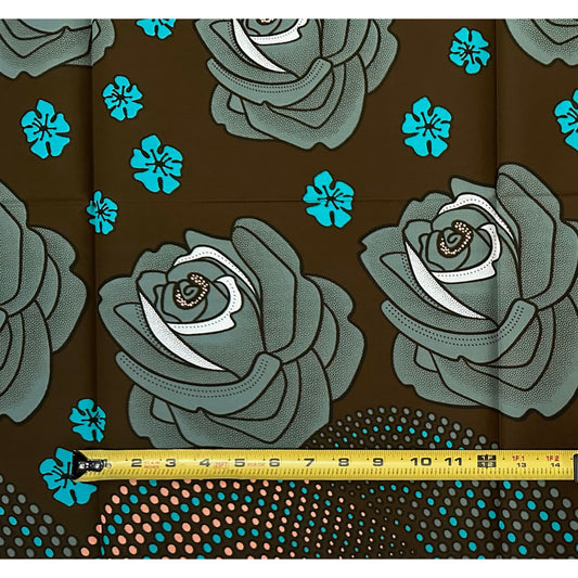 African Print Fabric/ Ankara - Brown, Gray, Teal, Pink "Zuwa Roses", 1 Yard