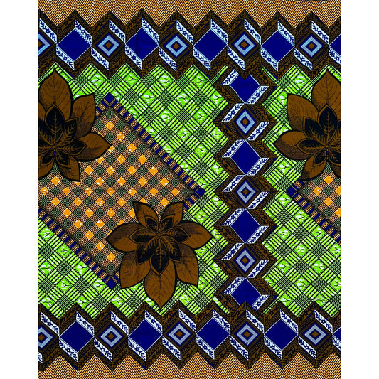African Print Fabric/ Ankara - Green, Blue, Brown 'Olduvai’, YARD or WHOLESALE
