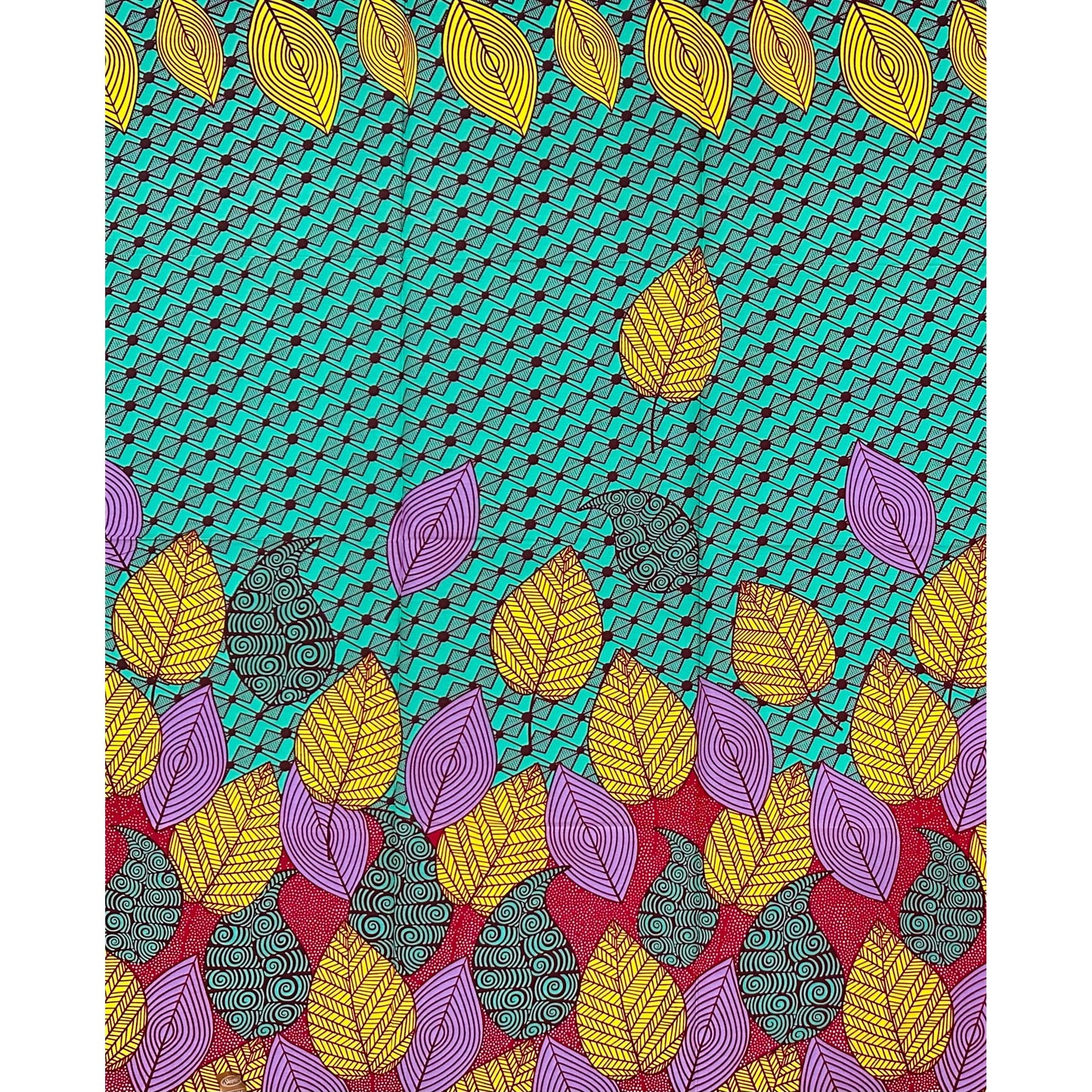 African Print Fabric/ Ankara - Green, Yellow, Purple, Dark Red 'Gathered Leaves', 1 YARD