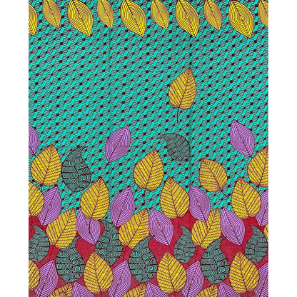 African Print Fabric/ Ankara - Green, Yellow, Purple, Dark Red 'Gathered Leaves', 1 YARD