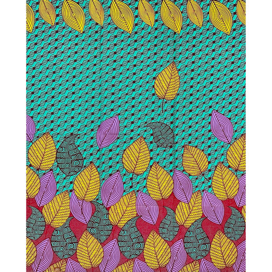 African Print Fabric/ Ankara - Green, Yellow, Purple, Dark Red 'Gathered Leaves', 1 YARD