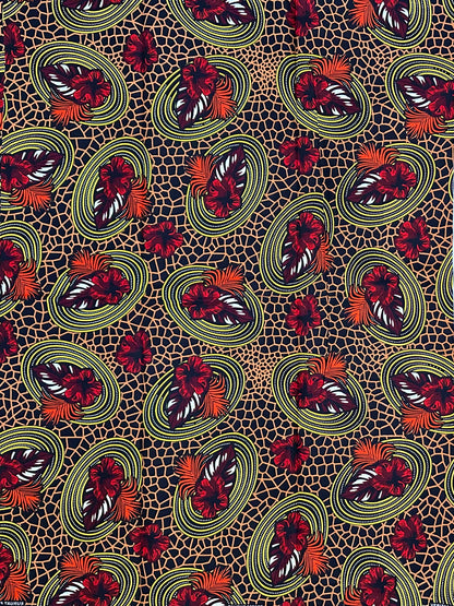 African Print Fabric/ Ankara - Brown, Red, Orange, Black 'Honey & Fire', YARD or WHOLESALE