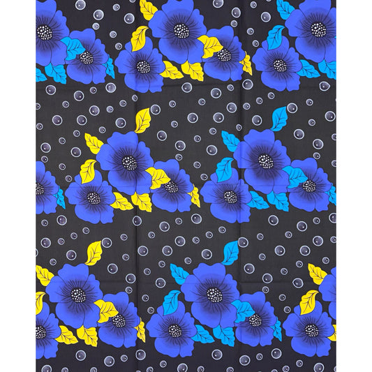 African Print Fabric/ Ankara - Shades of Blue, Yellow, Brown 'Midnight Hibiscus' Design, 1Yard