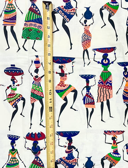 African Print Fabric/ Ankara - Cream, Black, Blue, Green ‘She Carries On' Design, YARD or WHOLESALE