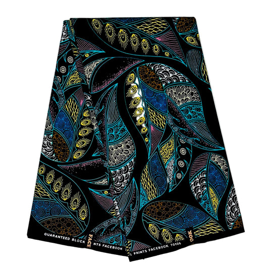 African Print Fabric/ Ankara - Blue, Black, Yellow, Pink 'Crown of Ayanfe' Design, YARD or WHOLESALE