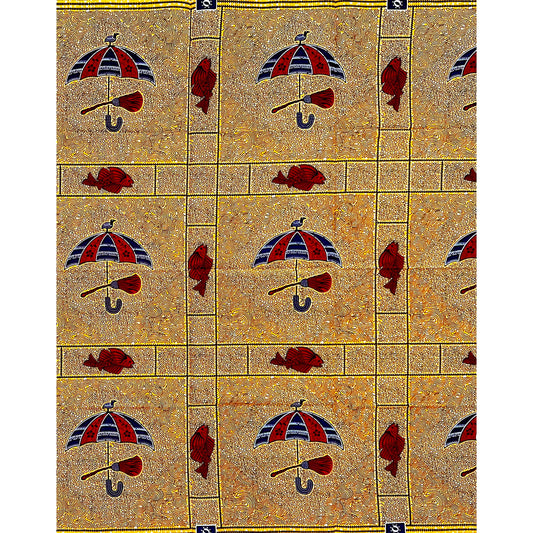 African Print Fabric/ Ankara - Red, Marigold, Blue ‘Fish Know Deep Water' Design, YARD