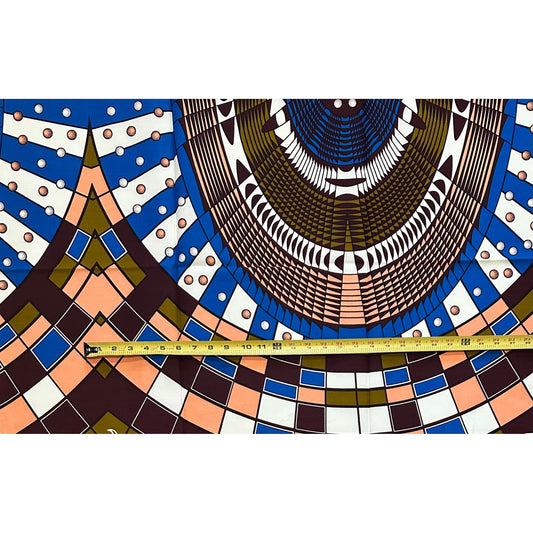 African Print Fabric/ Ankara - Blue, Brown, Peach ‘The Watchful Eye' Design, 1 YARD