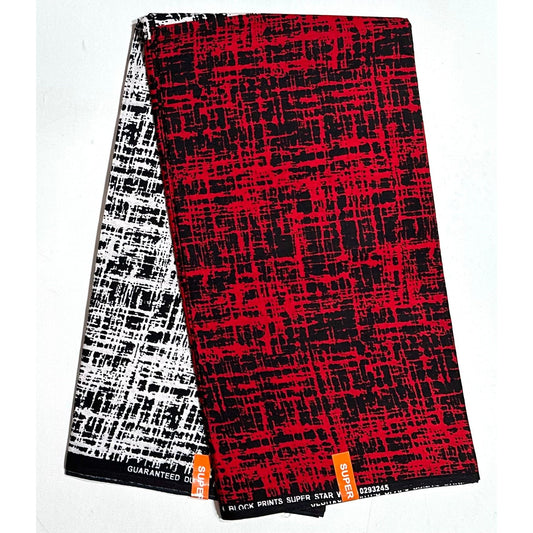 African Print Fabric/ Ankara - Red, White, Black 'Scatter Line' Design, YARD or WHOLESALE