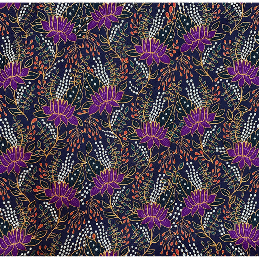 African Print, Stretch Cotton Satin Fabric- Shades of Purple, Teal, Red "Amara Noire", Per Yard