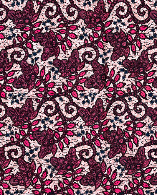 African Print Fabric/ Ankara - Pink, Red, Black “Kijani Bloom', YARD or WHOLESALE