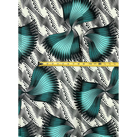 African Print Fabric/Ankara - Cream, Teal, Blue “Ayé Wings" Design, 1 Yard