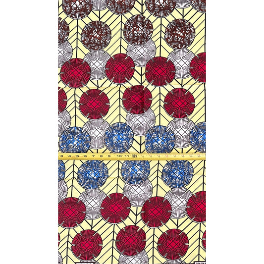 African Print Fabric/Ankara - Beige, Red, Blue, Brown "Unity Nodes", 1 Yard