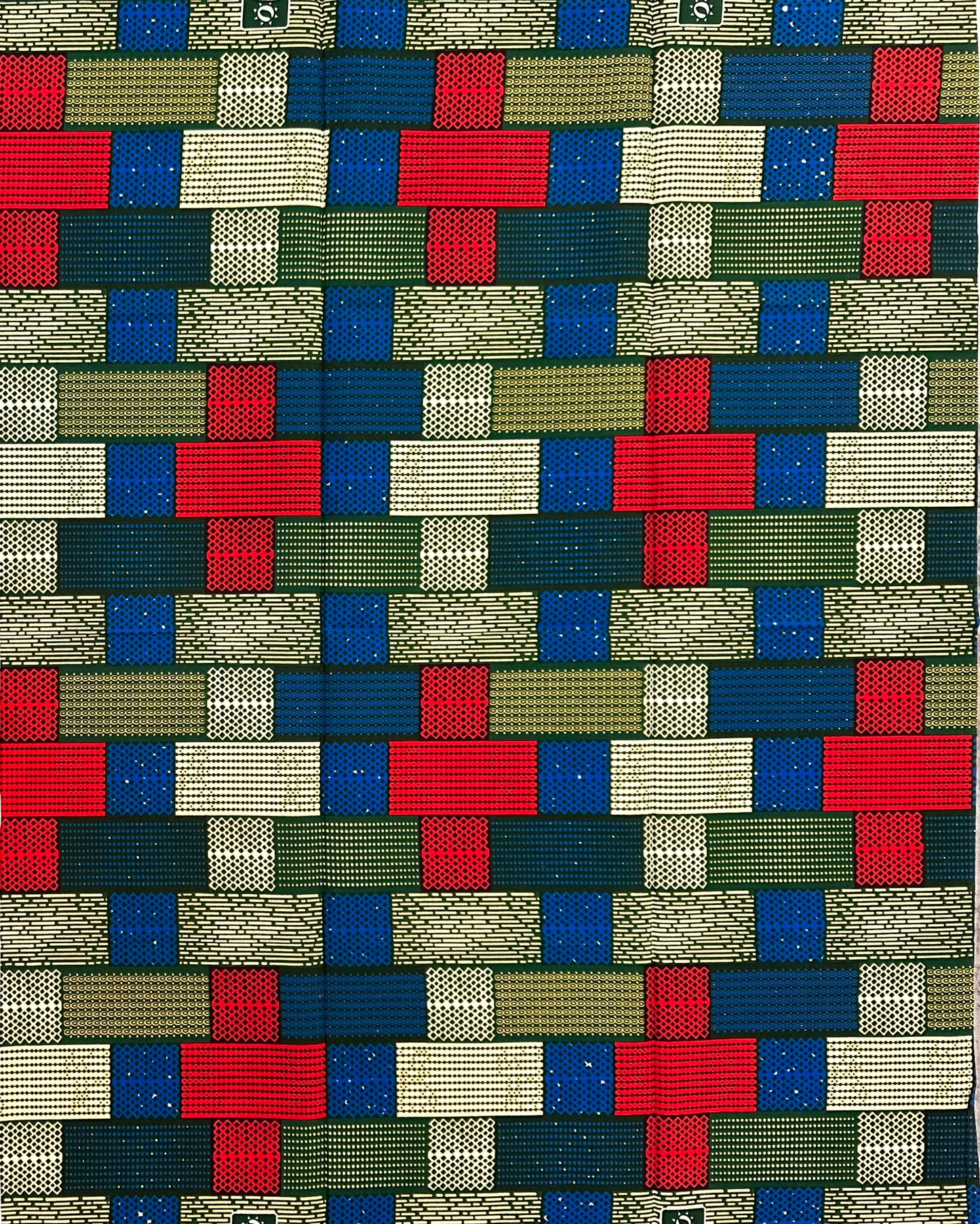 African Print Fabric/Ankara - Red, Blue, Green, Cream "Brick by Brick" Kente, 1 Yard
