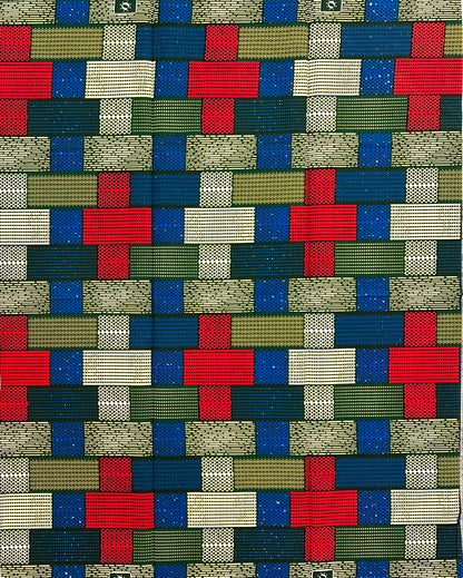 African Print Fabric/Ankara - Red, Blue, Green, Cream "Brick by Brick" Kente, 1 Yard