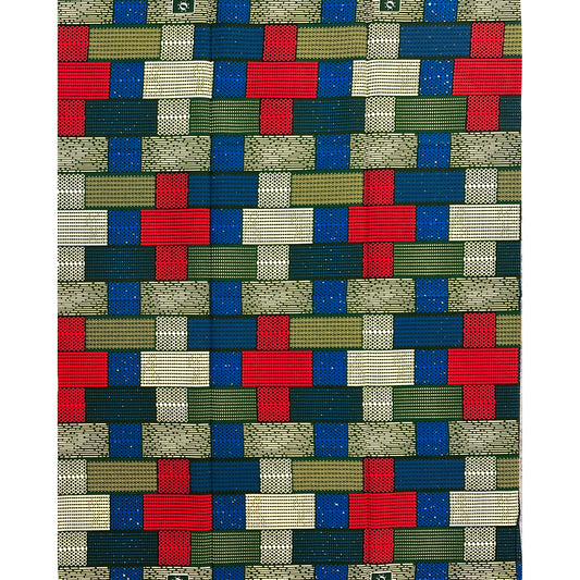 African Print Fabric/Ankara - Red, Blue, Green, Cream "Brick by Brick" Kente, 1 Yard