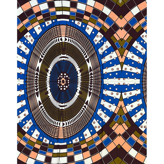 African Print Fabric/ Ankara - Blue, Brown, Peach ‘The Watchful Eye' Design, 1 YARD