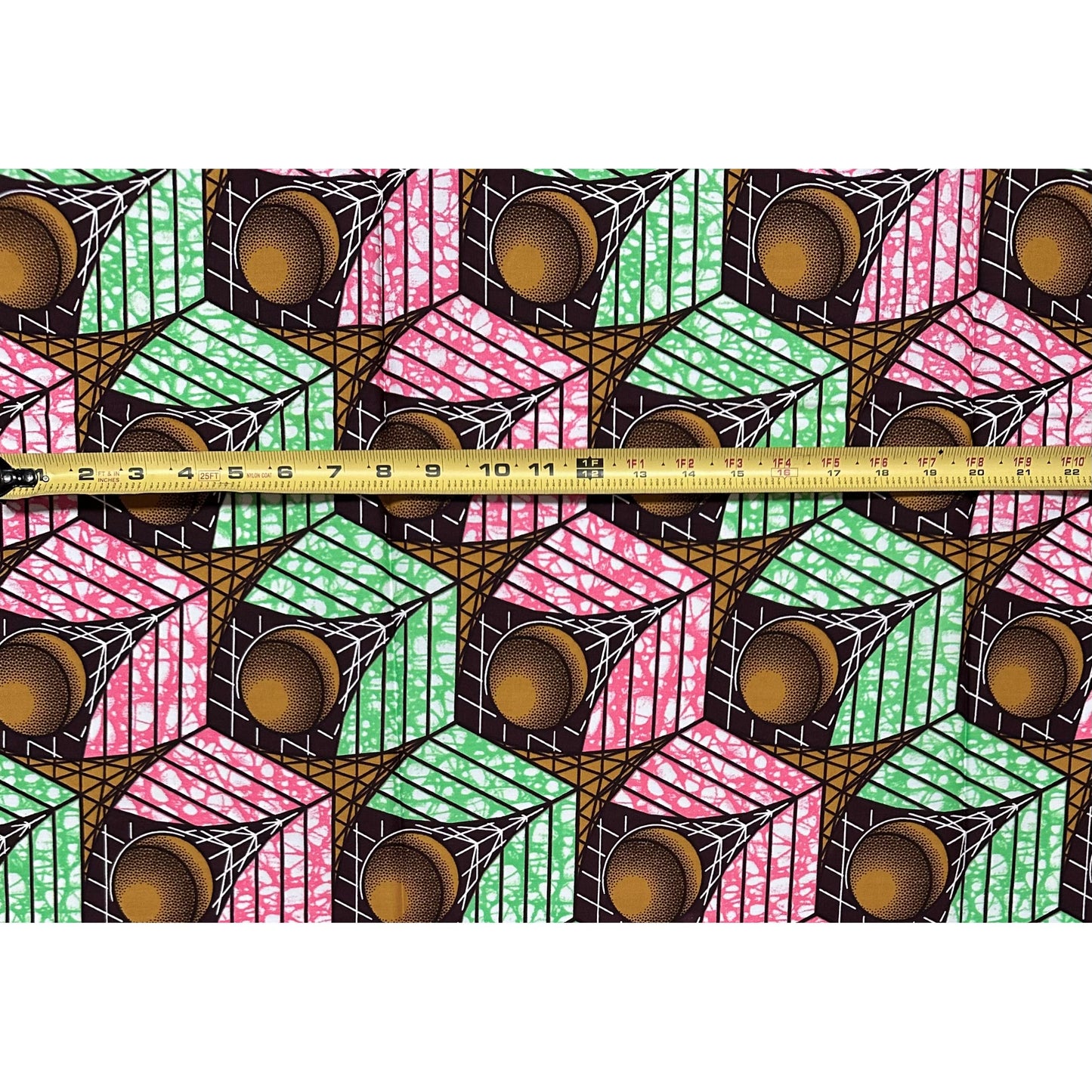 African Print Fabric/Ankara - Pink, Green, Brown "Cube of Calabar" Design, 1 Yard