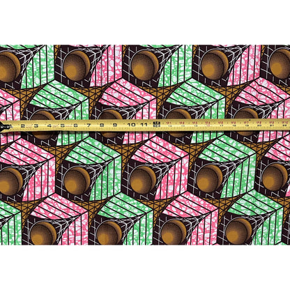 African Print Fabric/Ankara - Pink, Green, Brown "Cube of Calabar" Design, 1 Yard