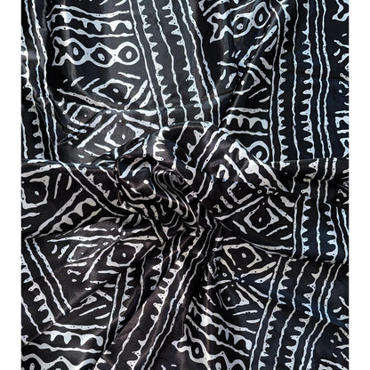 African Print, Satin Fabric - Black, White "Meroitic Chapter", Per Yard or Wholesale