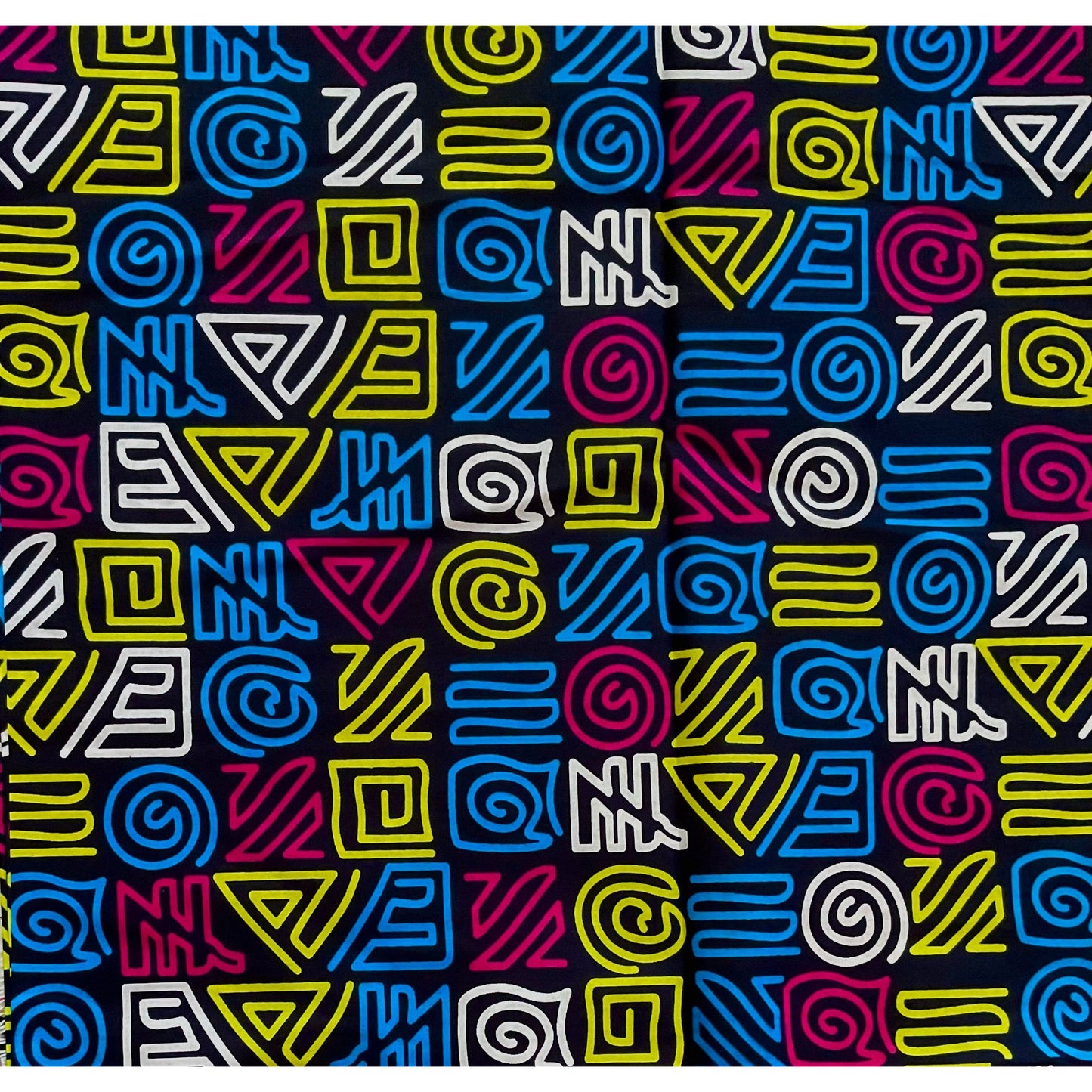 African Print Fabric/ Ankara - Navy, Blue, Magenta, Yellow 'Message from Foumban', YARD or WHOLESALE