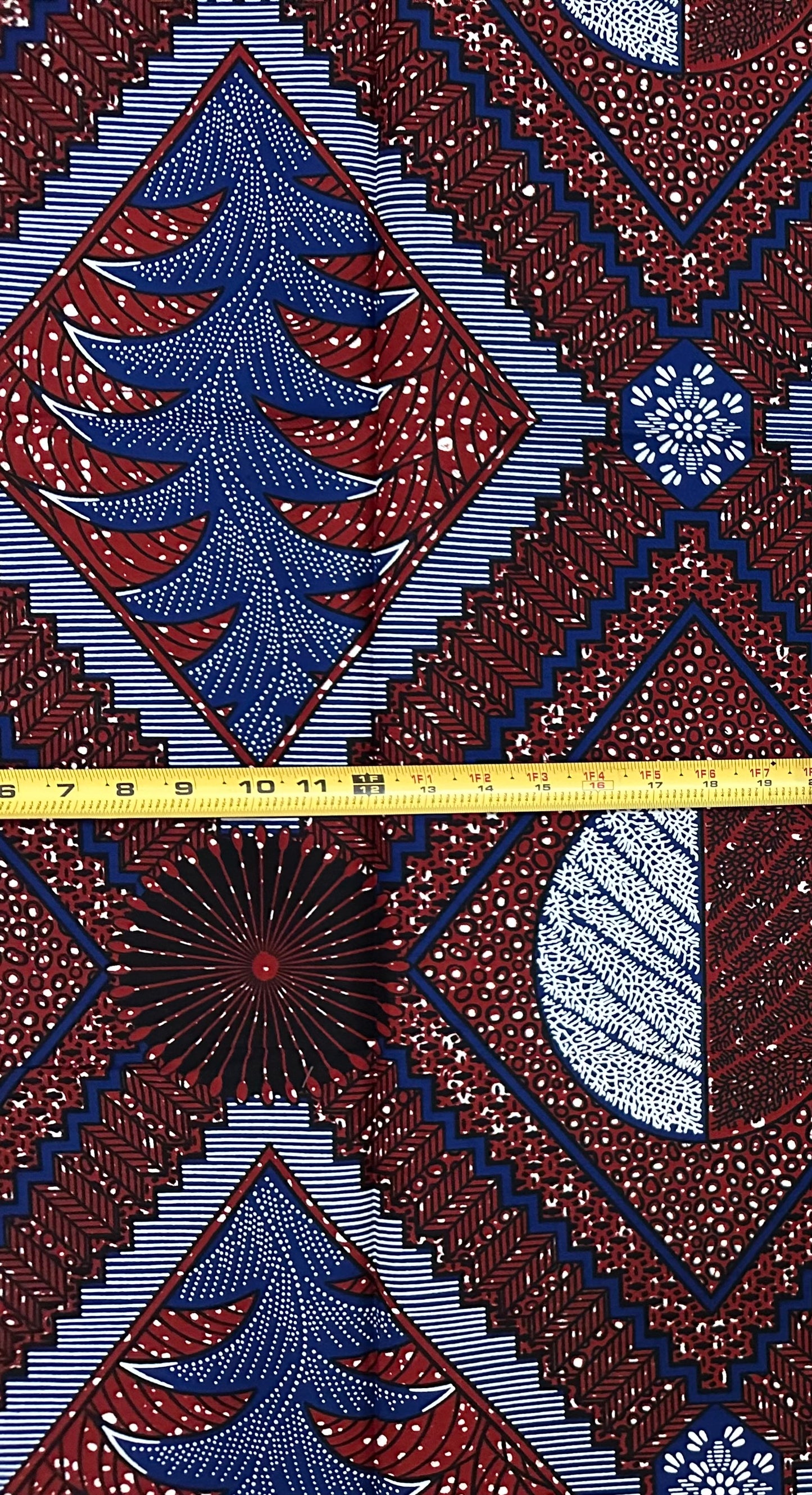 African Print Fabric/ Ankara - Brown, Navy, White 'Abusey Diamond', 1 YARD